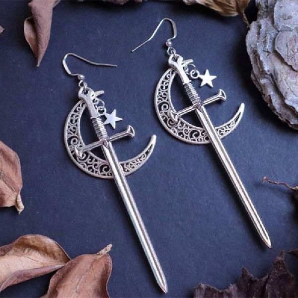 gothic moon sword earrings long witchy medieval viking alternative goth boho jewelry creativity punk fashion women gift dangle & chandelier, Silver
gothic moon sword earrings long witchy medieval viking alternative goth boho jewelry creativity punk fashion women gift dangle & chandelier, Silver