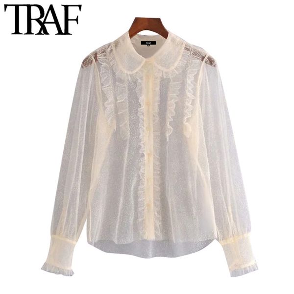 traf women fashion see through ruffled tulle blouses vintage long sleeve button-up female shirts chic 210415, White
traf women fashion see through ruffled tulle blouses vintage long sleeve button-up female shirts chic 210415, White