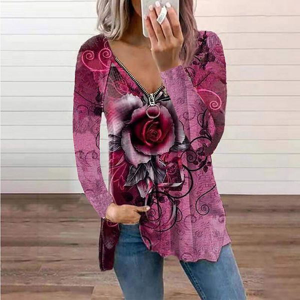 women's blouses & shirts rose print v neck and loose zipper long sleeve female plus size casual camisas de mujer 40#, White
women's blouses & shirts rose print v neck and loose zipper long sleeve female plus size casual camisas de mujer 40#, White