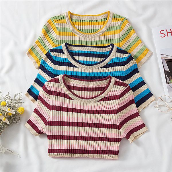 women's t-shirt thin striped knitted t women clothes summer woman short sleeve elasticity casual female tee femme 0d32, White
women's t-shirt thin striped knitted t women clothes summer woman short sleeve elasticity casual female tee femme 0d32, White