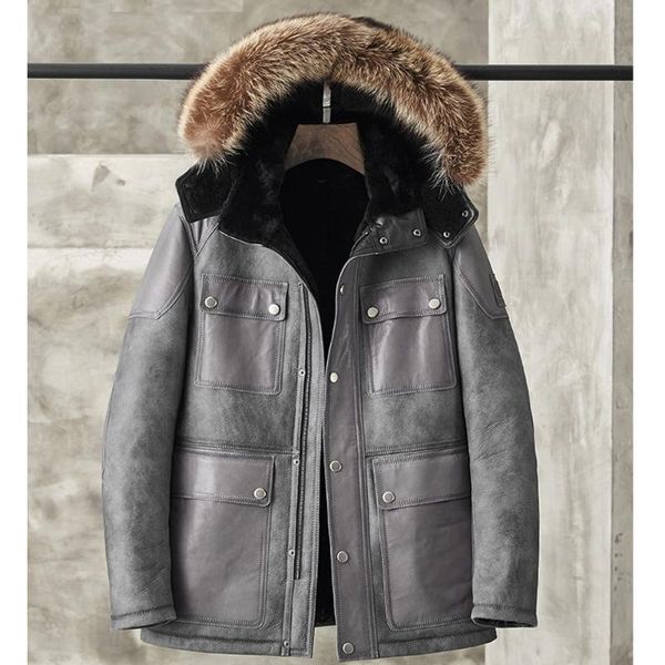 men's leather & faux detachable hooded sheepskin shearing jacket raccoon fur collar b3 bomber, Black
men's leather & faux detachable hooded sheepskin shearing jacket raccoon fur collar b3 bomber, Black