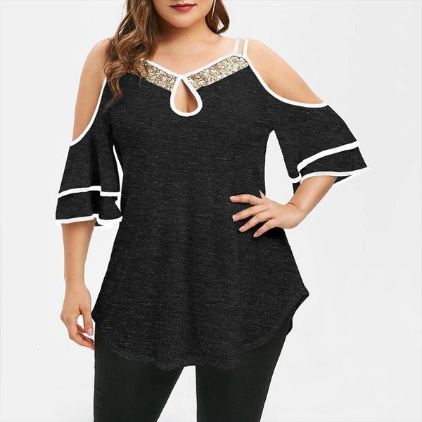 plus size sequins neck cold women shirts shoulder ruffled sleeve irregular ladies shirt woman clothing, White
plus size sequins neck cold women shirts shoulder ruffled sleeve irregular ladies shirt woman clothing, White