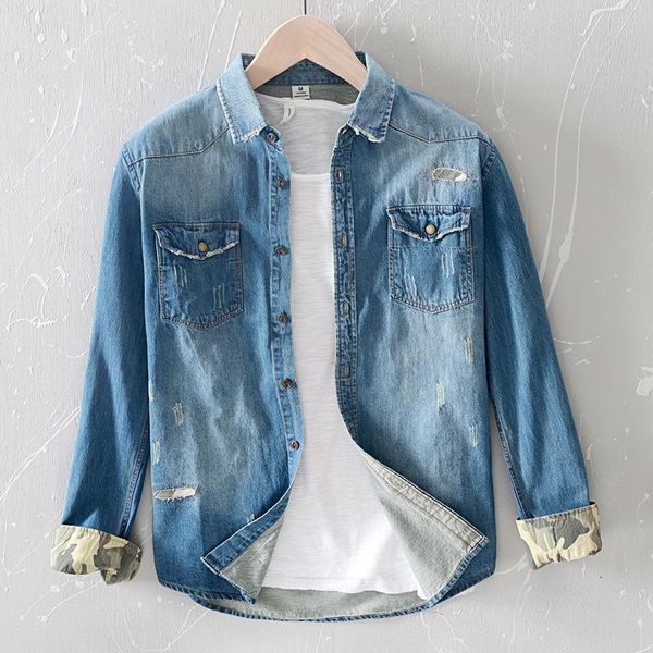 men's casual shirts 2022 long sleeve frayed denim with two pockets turn down collar full causal jean shirt men blue black, White;black
men's casual shirts 2022 long sleeve frayed denim with two pockets turn down collar full causal jean shirt men blue black, White;black