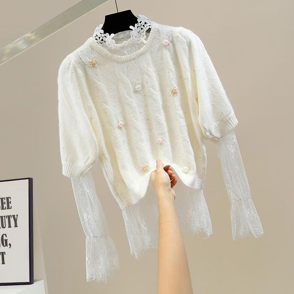 women's sweaters harajuku sweater for woman drilling flower lace sleeve stand collar female elegant women white sweters pullover top, White;black
women's sweaters harajuku sweater for woman drilling flower lace sleeve stand collar female elegant women white sweters pullover top, White;black