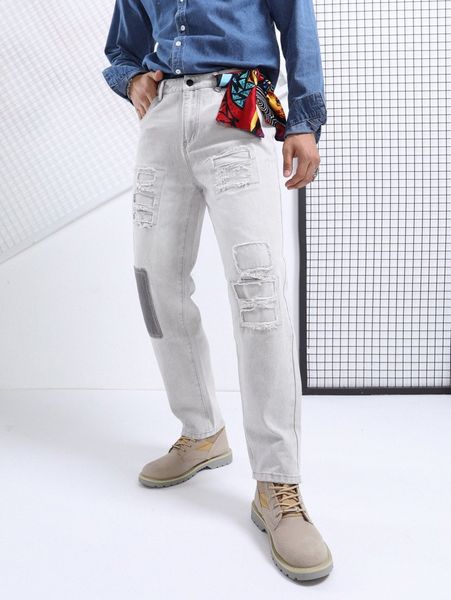 men ripped slant pockets jeans with scarf v1xz#, Blue
men ripped slant pockets jeans with scarf v1xz#, Blue