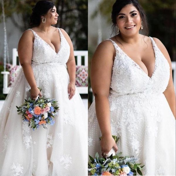 2021 plus size wedding dresses bridal gown lace applique deep v neck straps sleeveless sweep train custom made dotted tulle beach vestidos d, White
2021 plus size wedding dresses bridal gown lace applique deep v neck straps sleeveless sweep train custom made dotted tulle beach vestidos d, White