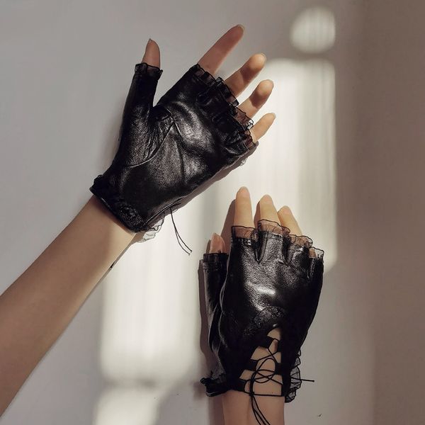 gloves lace leather short bandage stage performance soft breathable half finger, Blue;gray
gloves lace leather short bandage stage performance soft breathable half finger, Blue;gray