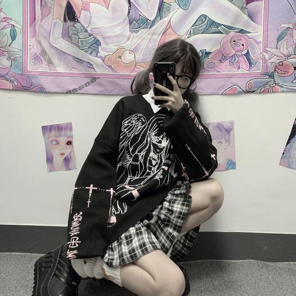 women's sweaters japanese anime sweater oversize women harajuku cartoon jacquard pullover y2k hip hop streetwear girl angel fashion kni, White;black
women's sweaters japanese anime sweater oversize women harajuku cartoon jacquard pullover y2k hip hop streetwear girl angel fashion kni, White;black