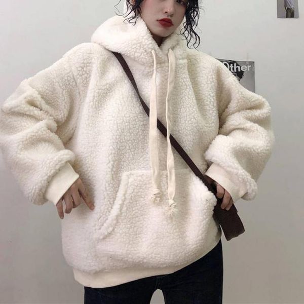 women's hoodies & sweatshirts 2022 winter casual loose lantern sleeve women hoodie lamb plush warm ladies pullover solid color white pl, Black