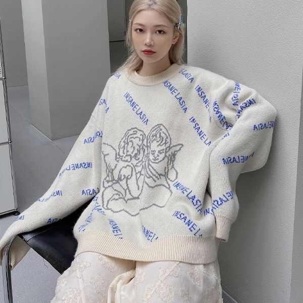 oversized streetwear angel pattern womens sweater retro lazy pullover trendy brand round neck fashion sweater women 2021 winter, White;black
oversized streetwear angel pattern womens sweater retro lazy pullover trendy brand round neck fashion sweater women 2021 winter, White;black