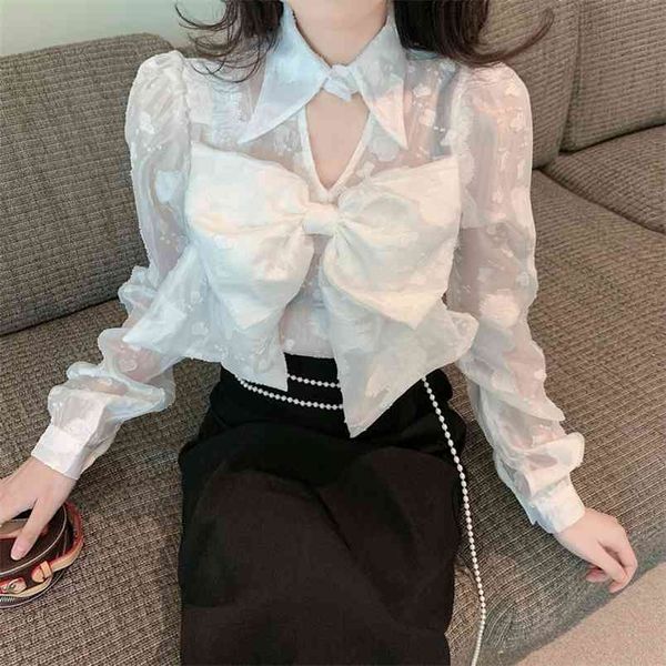 

sweet big bowknot shirt for women turn down collar blouse female summer hollow out clothes 210519, White