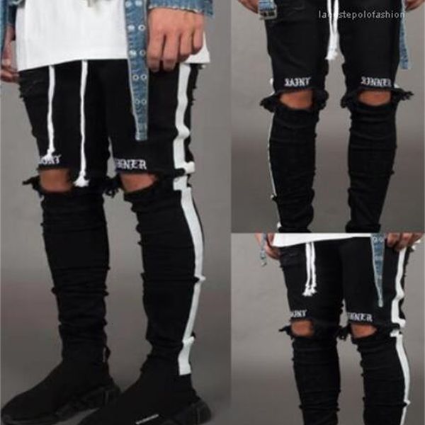 men's holes designer white stripes jeans hiphop skateboard pencil pants new mens jean pantalones street black, Blue
men's holes designer white stripes jeans hiphop skateboard pencil pants new mens jean pantalones street black, Blue