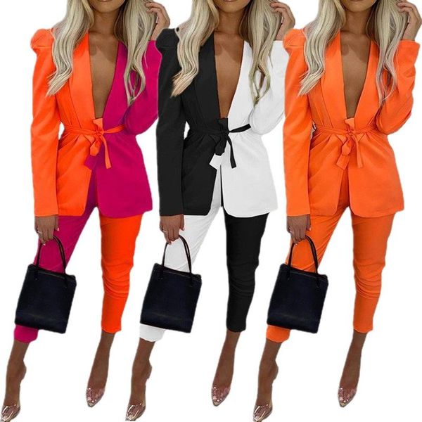 women's two piece pants office lady sets casual contrast color suits outfits deep v blazer + elegant women matching, White
women's two piece pants office lady sets casual contrast color suits outfits deep v blazer + elegant women matching, White