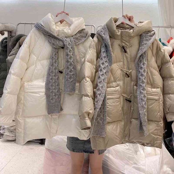 2020 new down jacket women's middle and long winter korean loose white duck hooded scarf splicing for warmth, Black 
2020 new down jacket women's middle and long winter korean loose white duck hooded scarf splicing for warmth, Black
