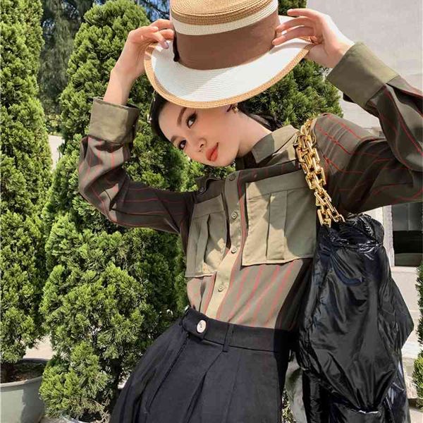 women's two piece pants england style striped long sleeve button up shirt women pocket patchwork army green collar blouse winter c, White
women's two piece pants england style striped long sleeve button up shirt women pocket patchwork army green collar blouse winter c, White