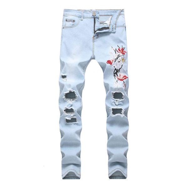 jeans style personality trend elastic embroidery hole light men's slim fit, Blue
jeans style personality trend elastic embroidery hole light men's slim fit, Blue
