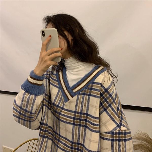 women's sweaters sweater pullover vintage oversized streetwear loose casual harajuku knit winter plaid warm pull top, White;black
women's sweaters sweater pullover vintage oversized streetwear loose casual harajuku knit winter plaid warm pull top, White;black