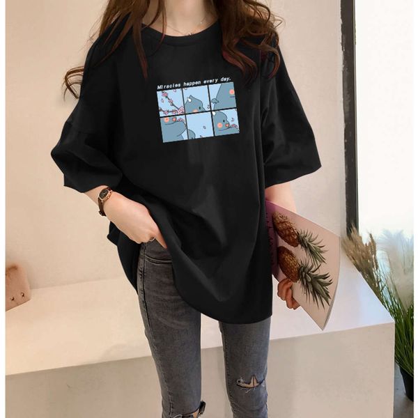 women's t-shirt short fashion summer korean loose cartoon print medium long student half sleeve e3g2, White
women's t-shirt short fashion summer korean loose cartoon print medium long student half sleeve e3g2, White