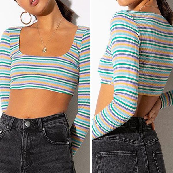 women's t-shirt women square collar knitted long sleeve stretchy striped t-shirts contrast color t shirt slim crop, White
women's t-shirt women square collar knitted long sleeve stretchy striped t-shirts contrast color t shirt slim crop, White