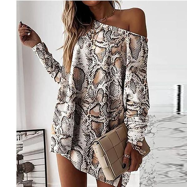 women's t-shirt autumn ladies snake print off-shoulder casual women long sleeve loose fit tunic with pockets, White
women's t-shirt autumn ladies snake print off-shoulder casual women long sleeve loose fit tunic with pockets, White