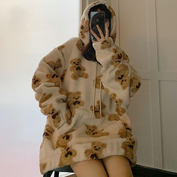 women's hoodies & sweatshirts cute little bear print furry hoodie winter warm plush sweet pullovers woman vintage korean style loose sw, Black
women's hoodies & sweatshirts cute little bear print furry hoodie winter warm plush sweet pullovers woman vintage korean style loose sw, Black