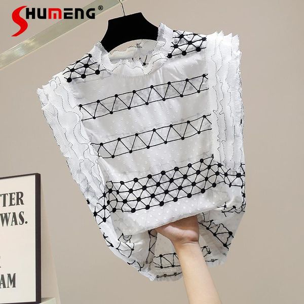 women's blouses & shirts fashion geometric pattern embroidered pleated shirt ladies 2021 summer stand collar ruffle stitching sleeveles, White
women's blouses & shirts fashion geometric pattern embroidered pleated shirt ladies 2021 summer stand collar ruffle stitching sleeveles, White