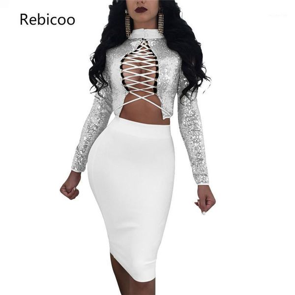 lace up sequin bandage dress suit two piece set women long sleeve crop and skirt club 2pcs outfit women's pants, White
lace up sequin bandage dress suit two piece set women long sleeve crop and skirt club 2pcs outfit women's pants, White