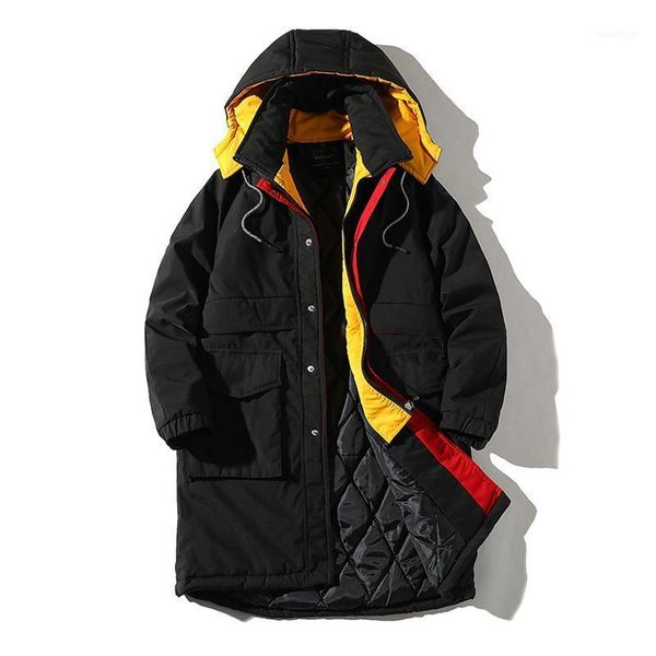 fake two-piece stitching coats winter men windbreaker cotton jackets warm couple long windproof jacket coat men1, Black