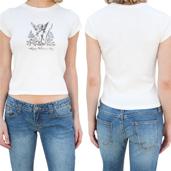 women's t-shirt women fashion angel & letter print crop ladies slim fit short sleeve round neck summer exposed navel, White