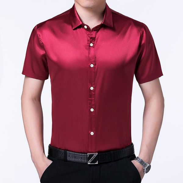 summer mens silk shirts pure color male casual satin dress short sleeve soft clothes, White;black
summer mens silk shirts pure color male casual satin dress short sleeve soft clothes, White;black
