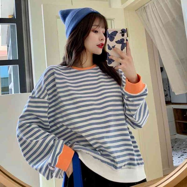 2021 autumn new korean version simple stripe round neck loose long sleeve women's sweater, Black
2021 autumn new korean version simple stripe round neck loose long sleeve women's sweater, Black