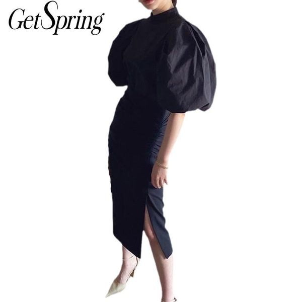 women sets retro skirt chic stand collar puff sleeve black shirt high waist split long pleated 2piece 210430, White
women sets retro skirt chic stand collar puff sleeve black shirt high waist split long pleated 2piece 210430, White