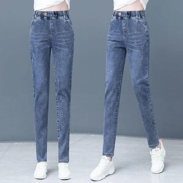 women's jeans elastic waist 2021 spring autumn high slim harlan pants loose and versatile girls, Blue
women's jeans elastic waist 2021 spring autumn high slim harlan pants loose and versatile girls, Blue