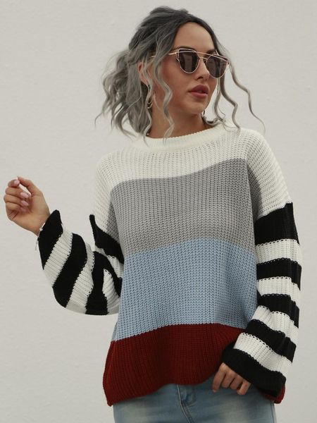 women fashion long sleeve color block sweater casual round neck pullover for ladies female winter warm loose women's sweaters, White;black
women fashion long sleeve color block sweater casual round neck pullover for ladies female winter warm loose women's sweaters, White;black