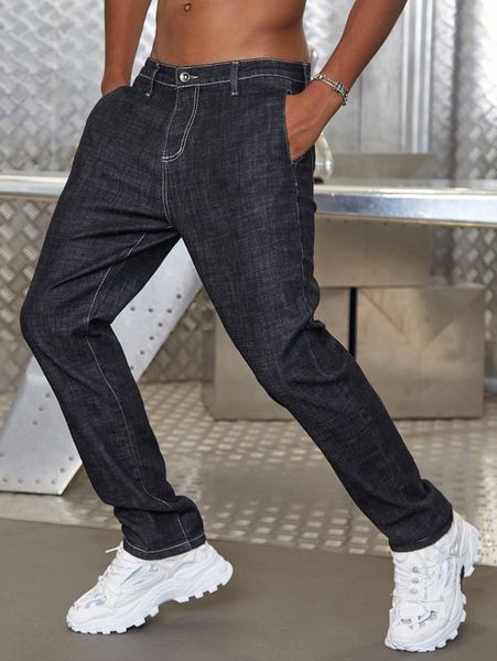 men high waist pocket back jeans f61u#, Blue