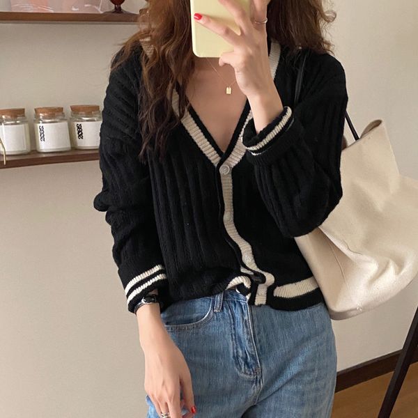 sweaters autumn versatile soft knitted cardigan women v-neck color matching loose sweater college style long sleeve top, White;black
sweaters autumn versatile soft knitted cardigan women v-neck color matching loose sweater college style long sleeve top, White;black