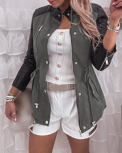 women's jackets spring and autumn coat long-sleeved button zipper design stitching pu leather drawstring waist 2021, Black;brown
women's jackets spring and autumn coat long-sleeved button zipper design stitching pu leather drawstring waist 2021, Black;brown
