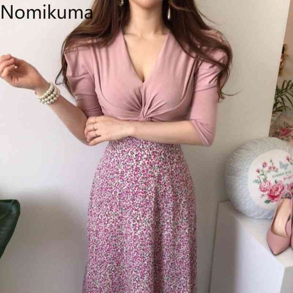 nomikuma korean chic women two piece set v neck short sleeve t shirt floral printed high waist skirt female fashion suit 210514, White 
nomikuma korean chic women two piece set v neck short sleeve t shirt floral printed high waist skirt female fashion suit 210514, White