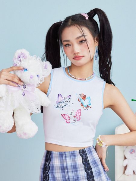 romwe cat & butterfly graphic ringer tank p2a2#, White 
romwe cat & butterfly graphic ringer tank p2a2#, White