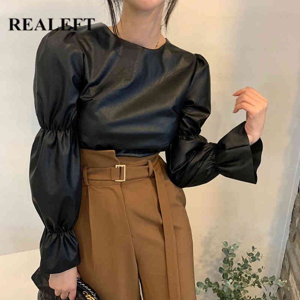 vintage pu leather women's blouse o-neck puff sleeve casual long lace-up pollver shirts female 210428, White
vintage pu leather women's blouse o-neck puff sleeve casual long lace-up pollver shirts female 210428, White