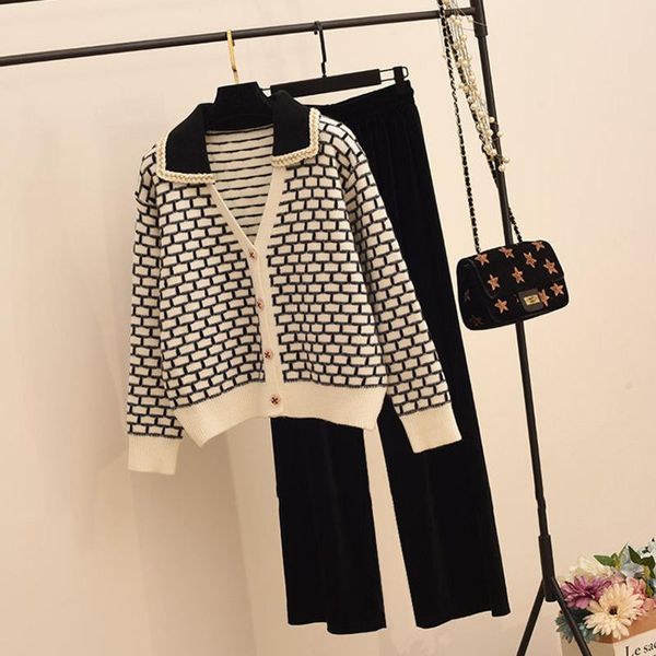women's two piece pants set korean fashion casual knitted women black white color matching grid sweater cardigan + wide leg pant suits
women's two piece pants set korean fashion casual knitted women black white color matching grid sweater cardigan + wide leg pant suits