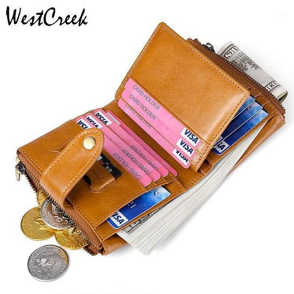wallets westcreek brand genuine leather small men double zipper large capacity retro oil wax male purse1, Red;black