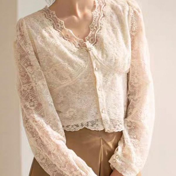 women's design of lace shirt v-neck water soluble hollow out long sleeve court style loose and thin cardigan jackets, Black;brown
women's design of lace shirt v-neck water soluble hollow out long sleeve court style loose and thin cardigan jackets, Black;brown