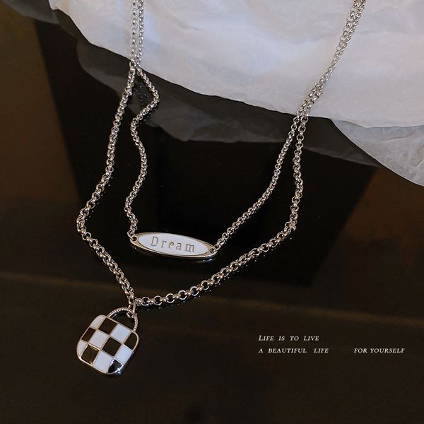 chain women pendants korean fashion oil dripping black and white checkered bag letter double layer necklace design feeling versatile clavicl, Silver
chain women pendants korean fashion oil dripping black and white checkered bag letter double layer necklace design feeling versatile clavicl, Silver
