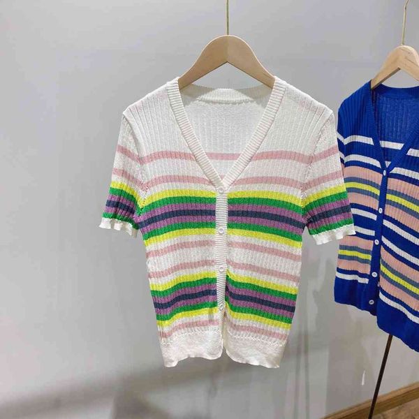 color short wavy edge v-neck sweater cardigan color stripe thin half sleeve outer wear inner summer dress women, White
color short wavy edge v-neck sweater cardigan color stripe thin half sleeve outer wear inner summer dress women, White