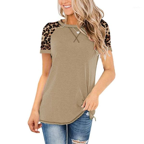 women's t-shirt fashion casual leopard print stitching round neck short sleeve, White
women's t-shirt fashion casual leopard print stitching round neck short sleeve, White