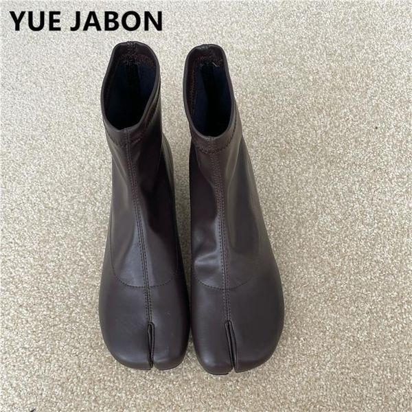boots women split toe autumn pu leather ninja tabi shoes short round chunky heel ankle woman high heels white black