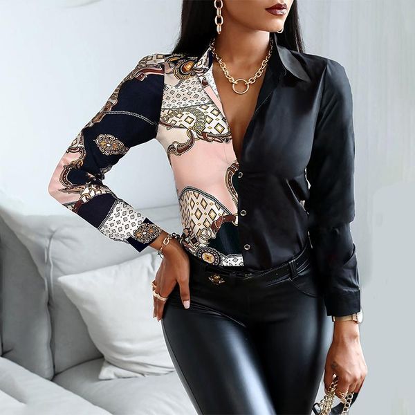 women's blouses & shirts spring women elegant turn down collar scarf chain print black patchwork button up shirt ladies vintage long sl, White
women's blouses & shirts spring women elegant turn down collar scarf chain print black patchwork button up shirt ladies vintage long sl, White