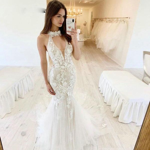 halter lace mermaid wedding dresses bridal gowns appliqued court train tulle backless bride dress vestidos de novia, White
halter lace mermaid wedding dresses bridal gowns appliqued court train tulle backless bride dress vestidos de novia, White
