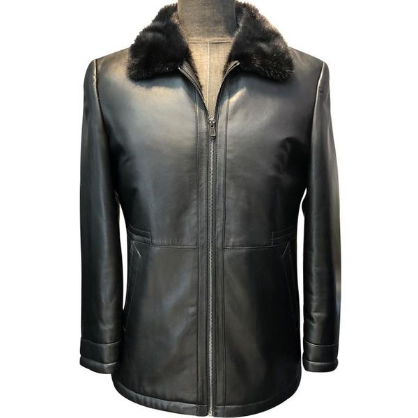 business men luxury winter warm fur lining genuine leather jacket real mink collar shearling coat slim fit outwear overcoat men's & fau, Black